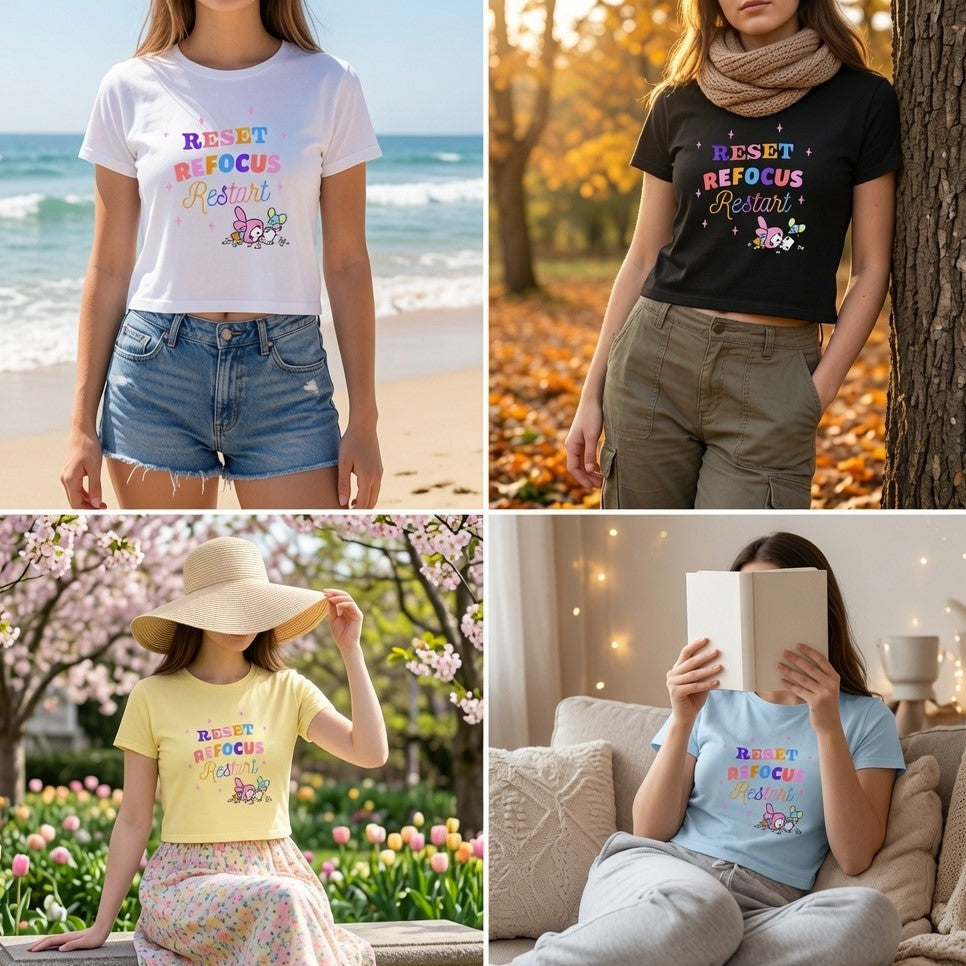 Reset • Refocus • Restart – Cute Motivational | Female Crop Top